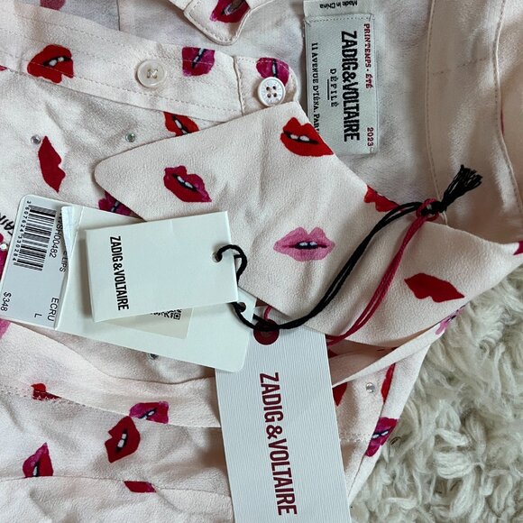 NWT Zadig & Voltaire Women's Red Lip Print Shirt TESSI CREPE - Picture 3 of 5